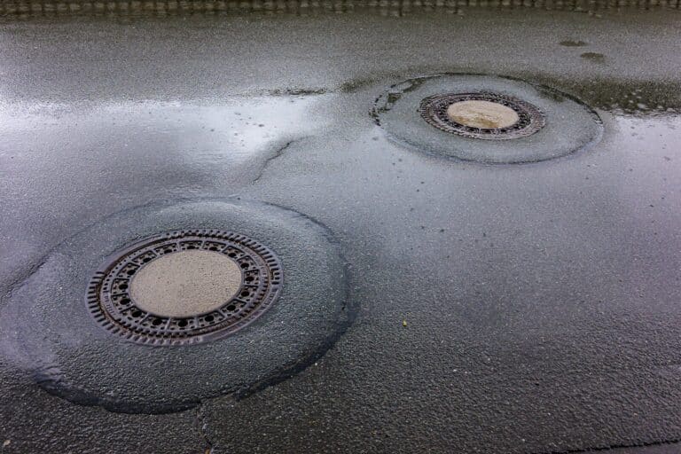 Two manhole covers on a wet, reflective street.